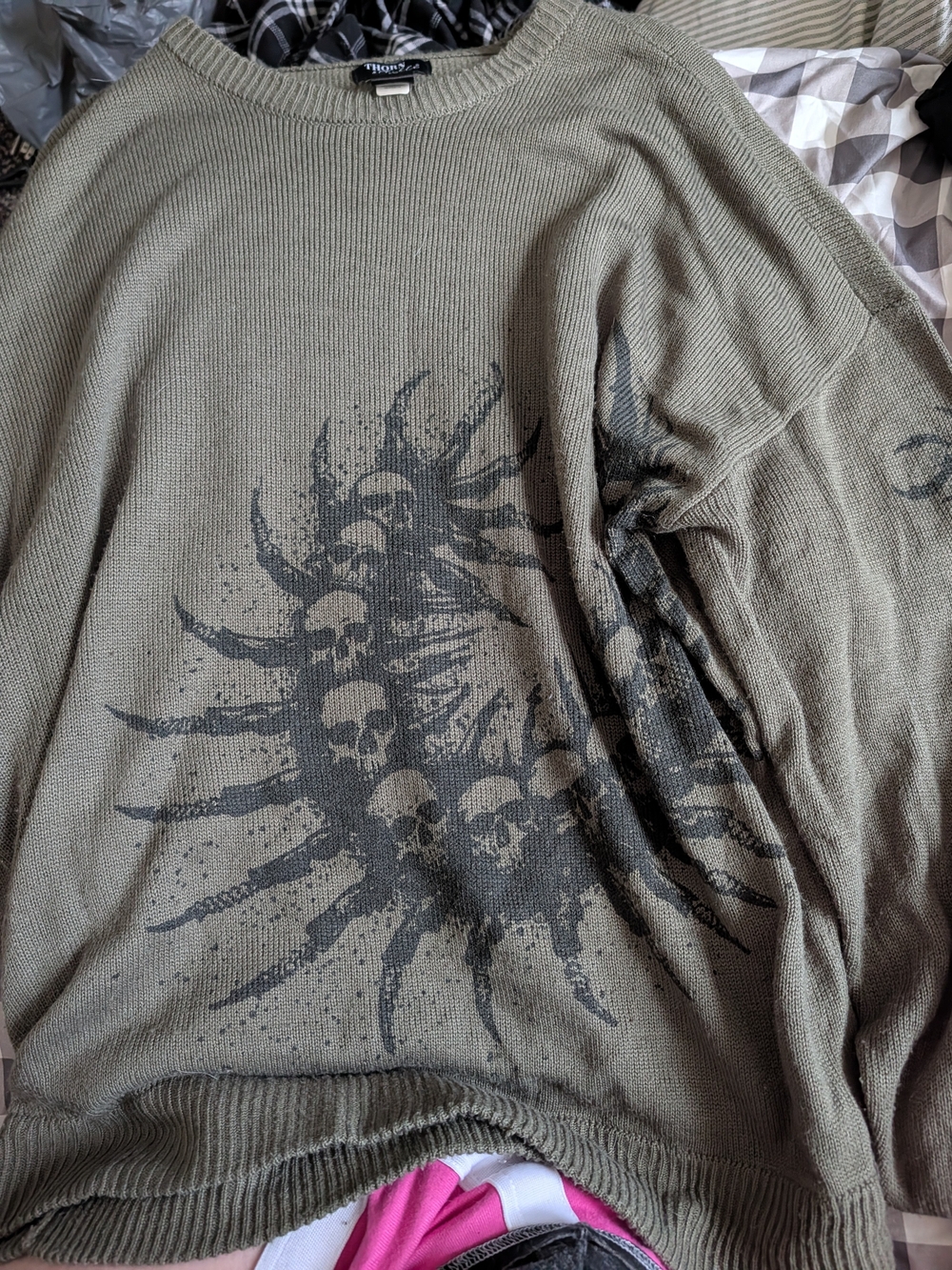 Hot Topic Olive Green Crewneck Sweater with Black Skull Burst Graphic